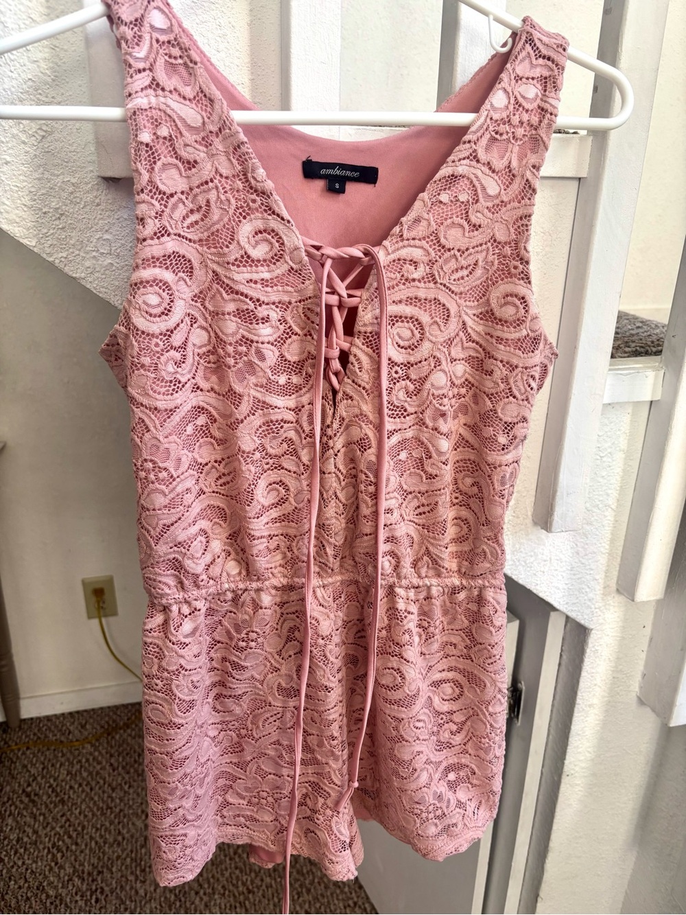 Ambiance Pink Lace Sleeveless Romper with Front Tie